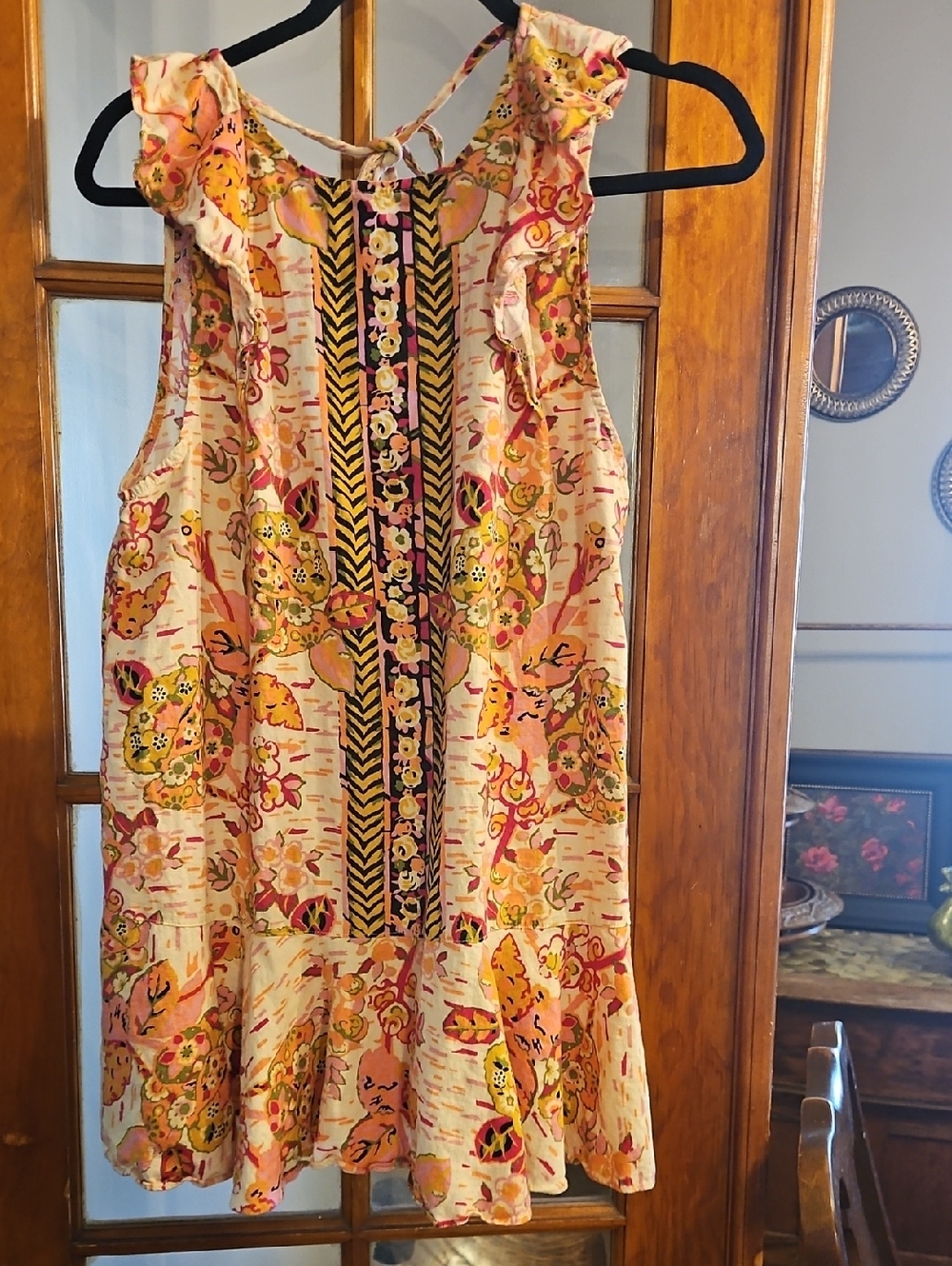 Free People Peach & Yellow Floral Tie-Back Mini Dress